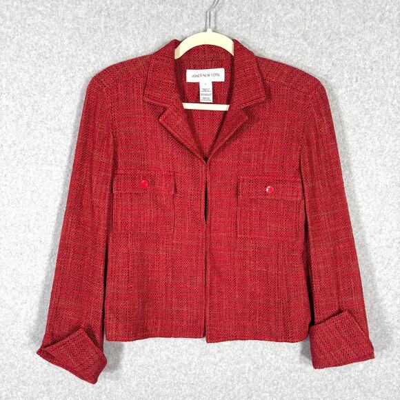 Vintage 90s Jones New York Blazer Women 6 Red‎ Tweed Jacket Linen Cotton Classic - Picture 1 of 14